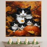 Autumn Whimsy: Tuxedo Cat Mom and Four Kittens with Pumpkin in a Fall Landscape on Ready to Hang 1.5" Thick Canvas Wrap, Floating Framed Canvas, Flat Rolled Canvas